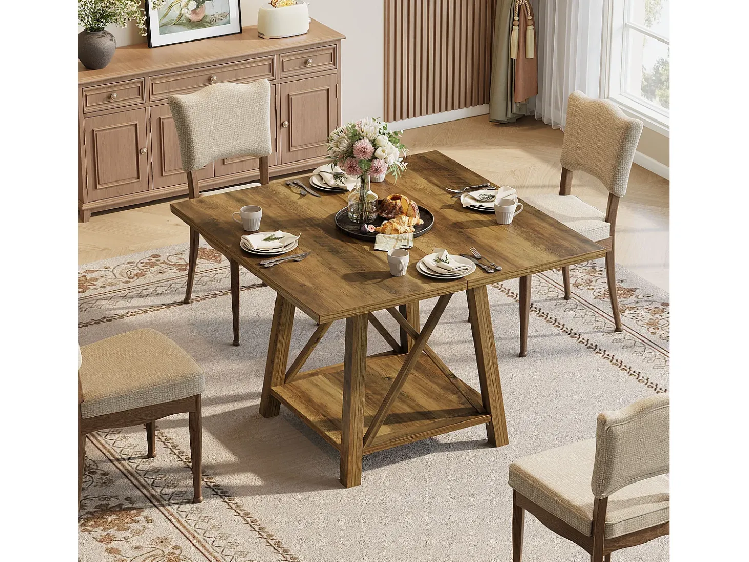 Mesa de comedor cuadrada para 4 personas, mesa de cocina rústica con estante de almacenamiento