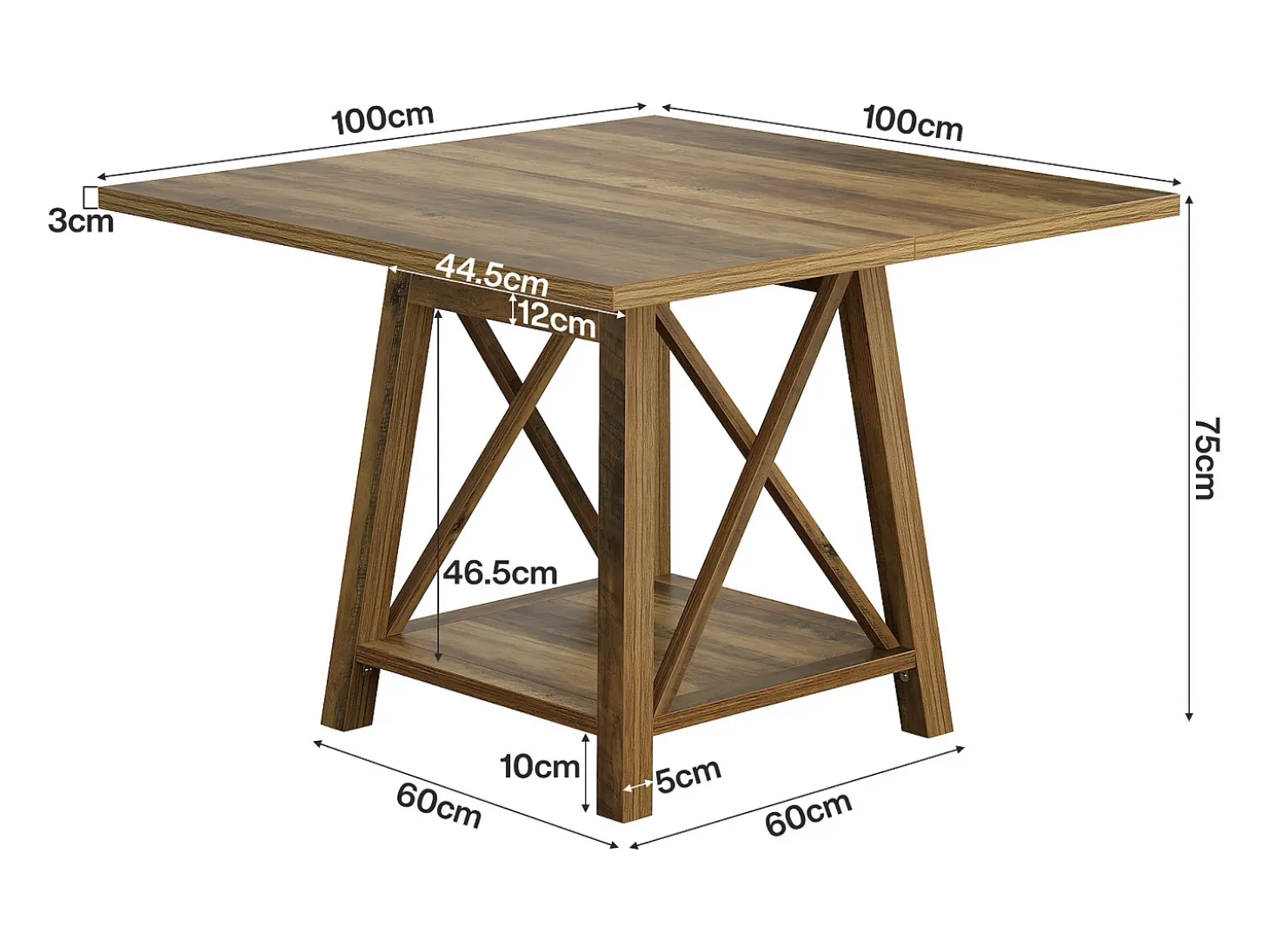 Mesa de comedor cuadrada para 4 personas, mesa de cocina rústica con estante de almacenamiento