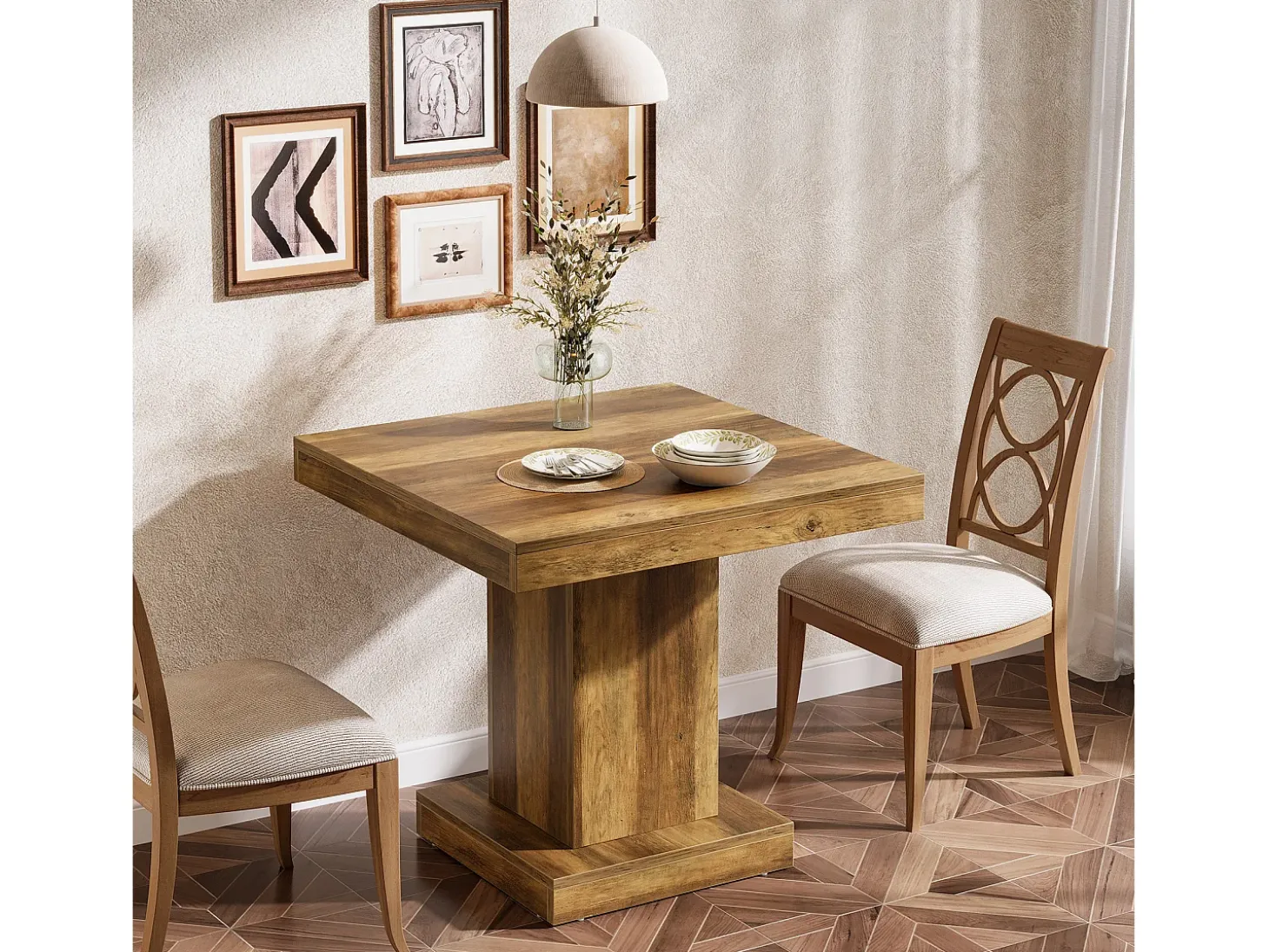 Mesa de comedor cuadrada para 4 personas, mesa de cocina rústica con base de pedestal resistente