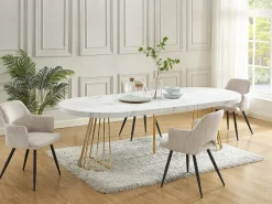 Mesa de comedor de 2 a 12 comensales de MDF y acero - Efecto mármol blanco y dorado - FIRELA