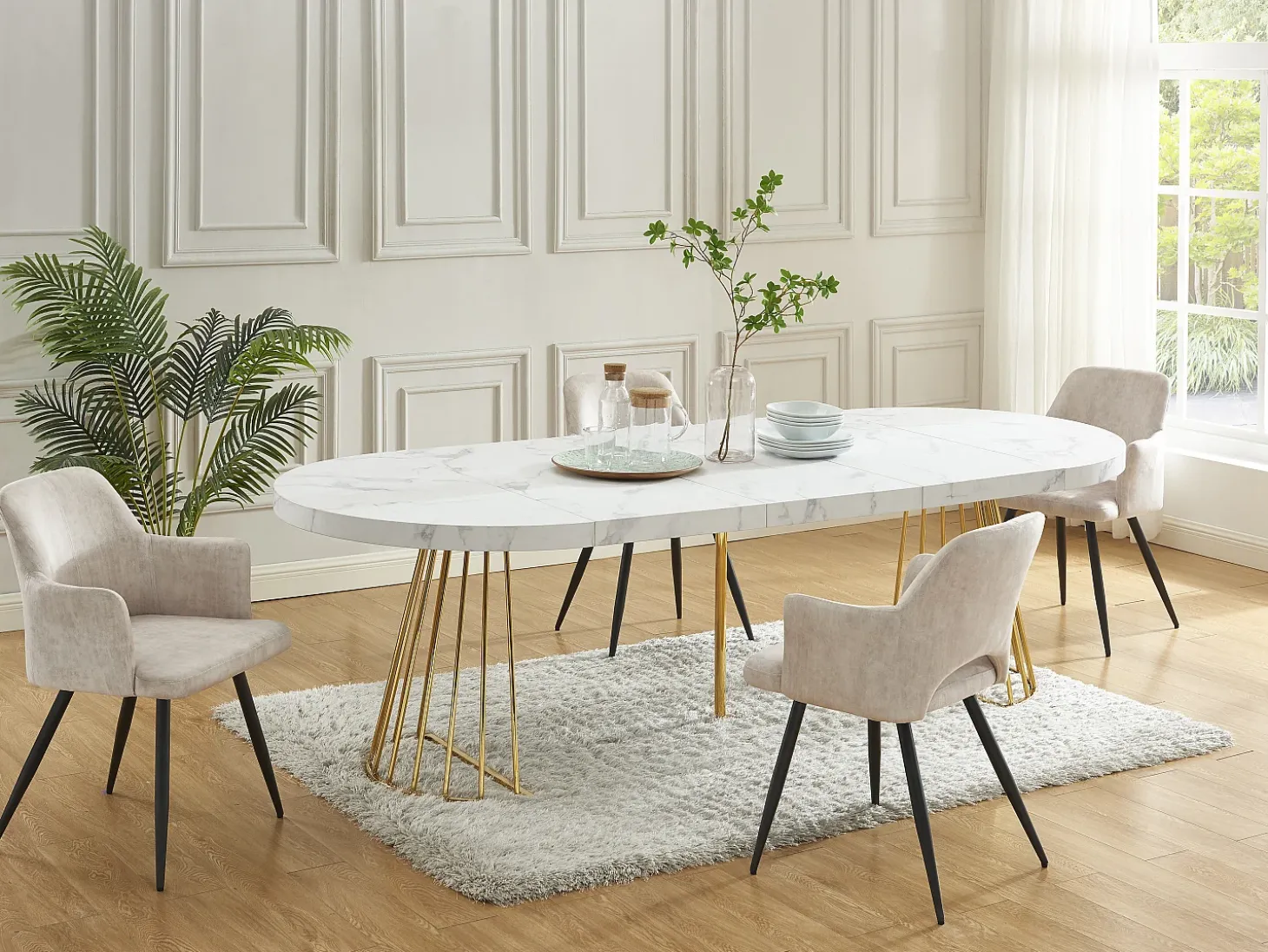 Mesa de comedor de 2 a 12 comensales de MDF y acero - Efecto mármol blanco y dorado - FIRELA