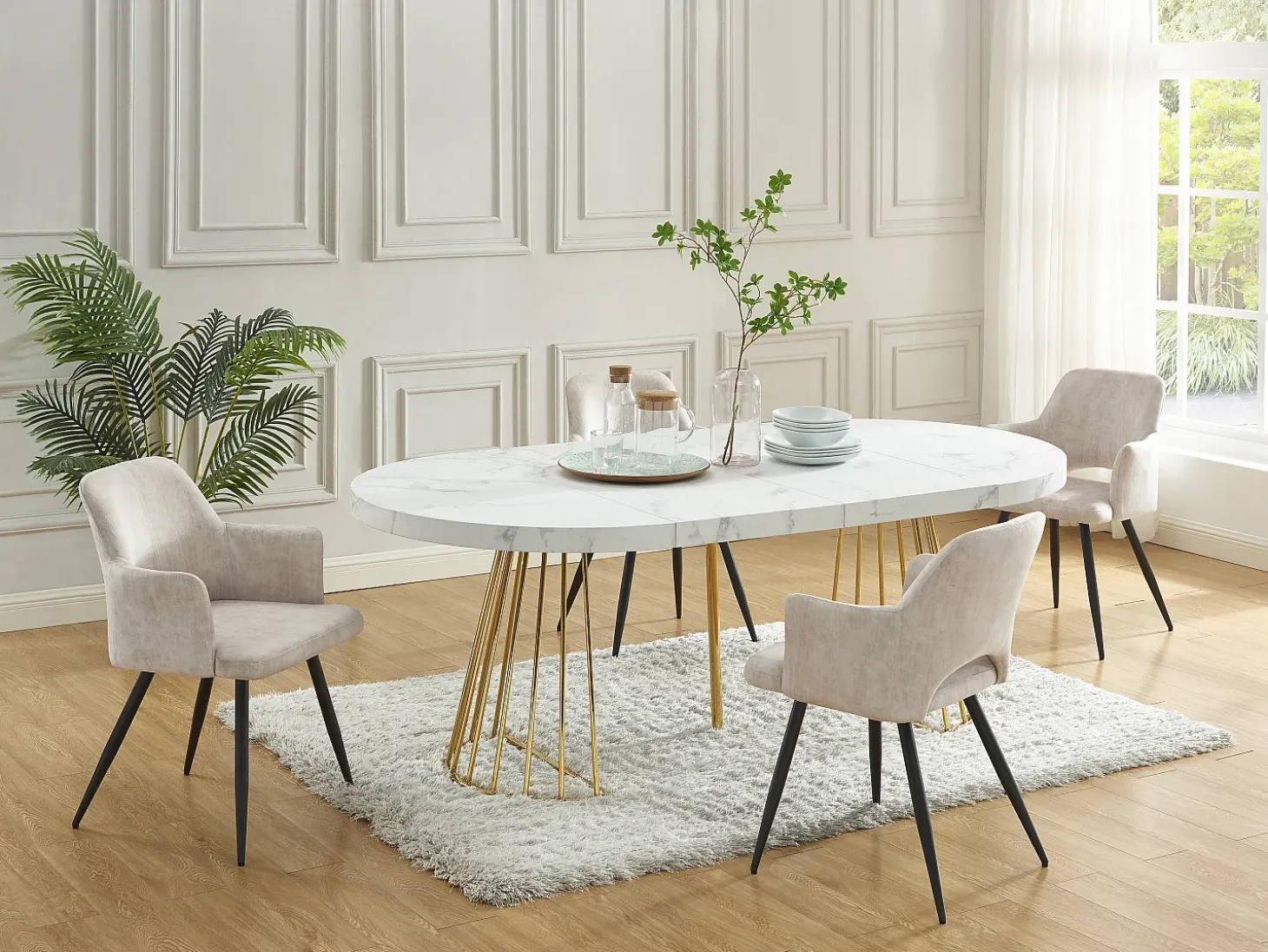 Mesa de comedor de 2 a 12 comensales de MDF y acero - Efecto mármol blanco y dorado - FIRELA