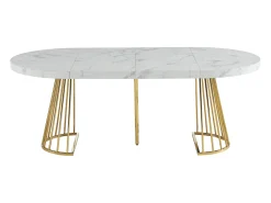 Mesa de comedor de 2 a 12 comensales de MDF y acero - Efecto mármol blanco y dorado - FIRELA