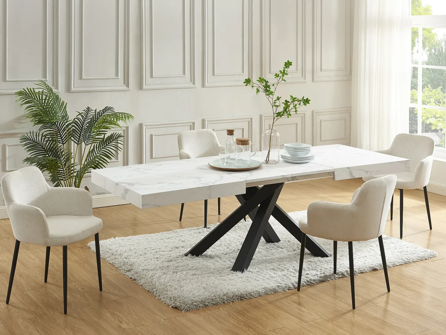 Mesa de comedor de 6 a 10 cubiertos de MDF y metal - Efecto mármol blanco y negro - CATONAV