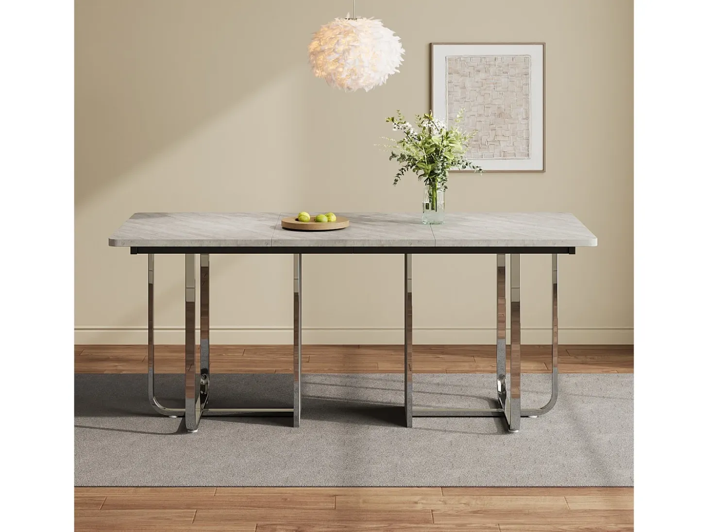 Mesa de comedor de 6 a 8 personas en MDF y metal - Gris y plata - Mesa de comedor rectangular - 180x80x75cm