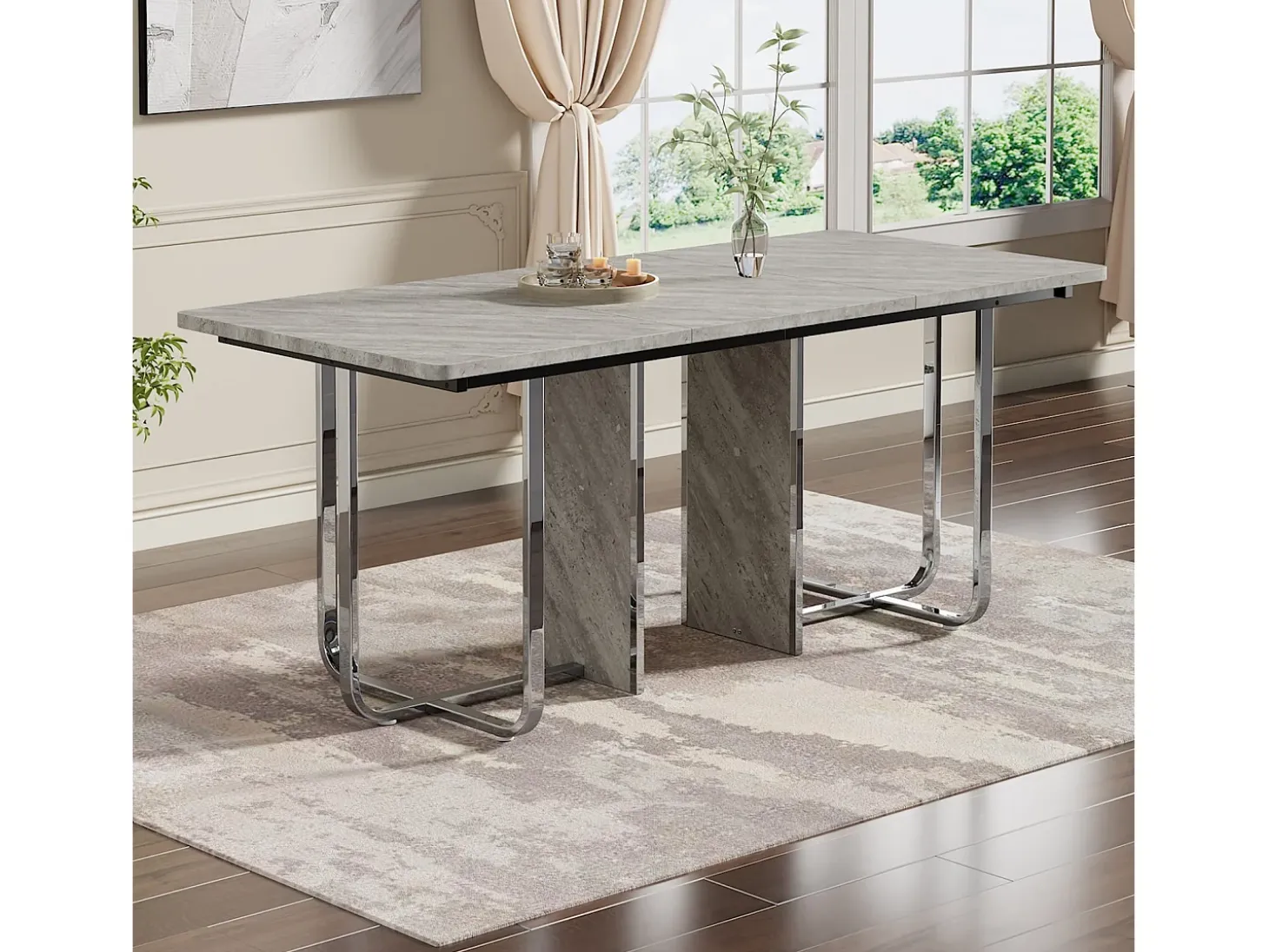 Mesa de comedor de 6 a 8 personas en MDF y metal - Gris y plata - Mesa de comedor rectangular - 180x80x75cm