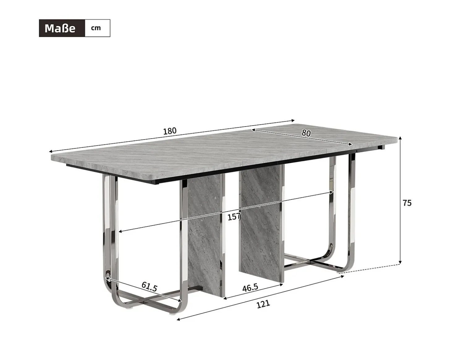 Mesa de comedor de 6 a 8 personas en MDF y metal - Gris y plata - Mesa de comedor rectangular - 180x80x75cm