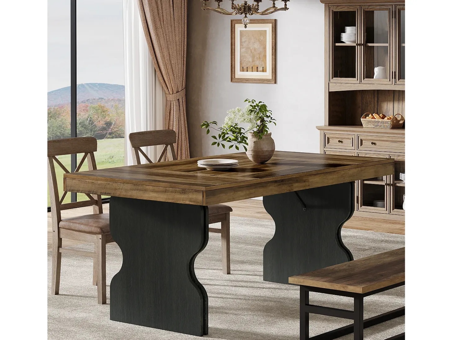 Mesa de comedor de 160 cm para 4-6 personas, mueble de cocina y comedor estilo campesino con patas en forma de reloj de arena, marrón y negro (solo la mesa)