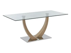 Mesa de comedor de 6 plazas de vidrio templado, acero y MDF natural claro - MELODIE II