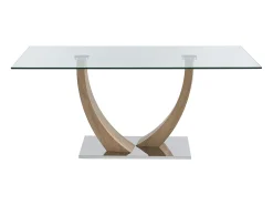 Mesa de comedor de 6 plazas de vidrio templado, acero y MDF natural claro - MELODIE II