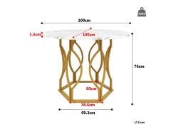 Mesa de comedor de 4 plazas - 100 x 100 x 76 cm - redonda con patas de metal dorado - tablero de MDF jaspeado - MDF + Metal - blanco