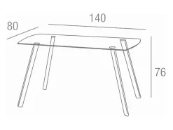 Mesa de comedor de cristal templado de 76x140x80 cm con patas metálicas color madera Reka