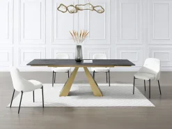 Mesa de comedor de cristal templado, cerámica y metal - Efecto mármol negro y dorado - LOZIPA