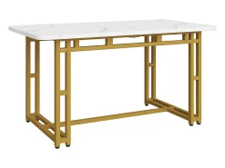 Mesa de comedor de lujo de 120 x 70 cm: estructura de metal, moderna mesa de cocina rectangular con patas doradas.