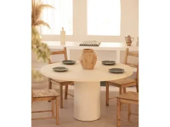 Mesa de comedor de madera de abeto maciza en microcemento redonda y soporte cilíndrico de Ø120x75cm en tono blanco roto - LUCÍA - DECOWOOD