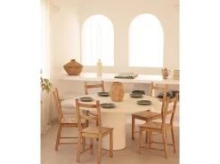 Mesa de comedor de madera de abeto maciza en microcemento redonda y soporte cilíndrico de Ø120x75cm en tono blanco roto - LUCÍA - DECOWOOD