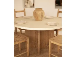 Mesa de comedor de madera maciza de abeto redonda Decowood en tono blanco en microcemento y pata en roble oscuro de Ø110x75cm - TOKYO - DECOWOOD