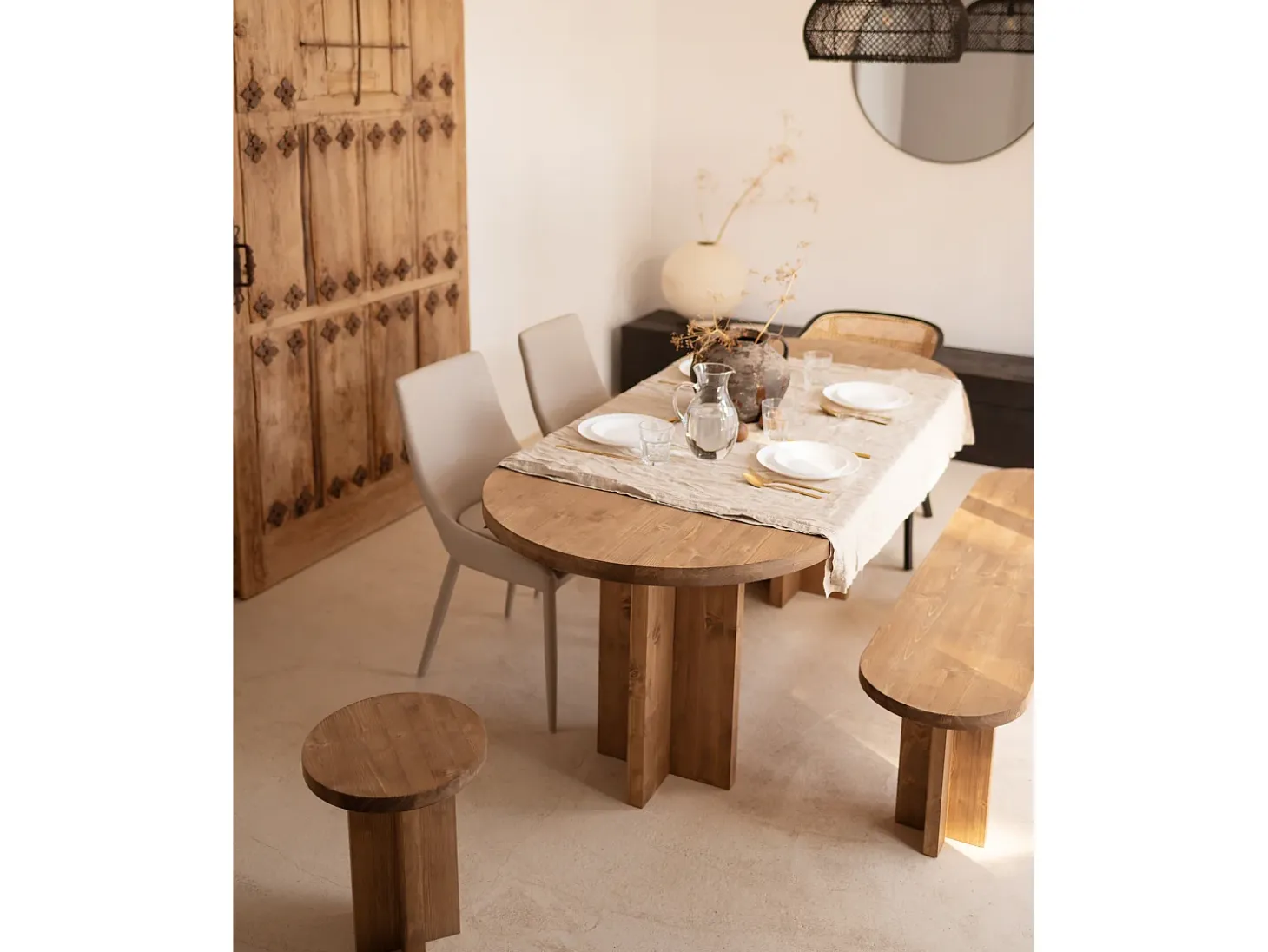 Mesa de comedor de madera maciza de abeto ovalada Decowood en tono roble oscuro de 160x78cm - TOKYO - DECOWOOD