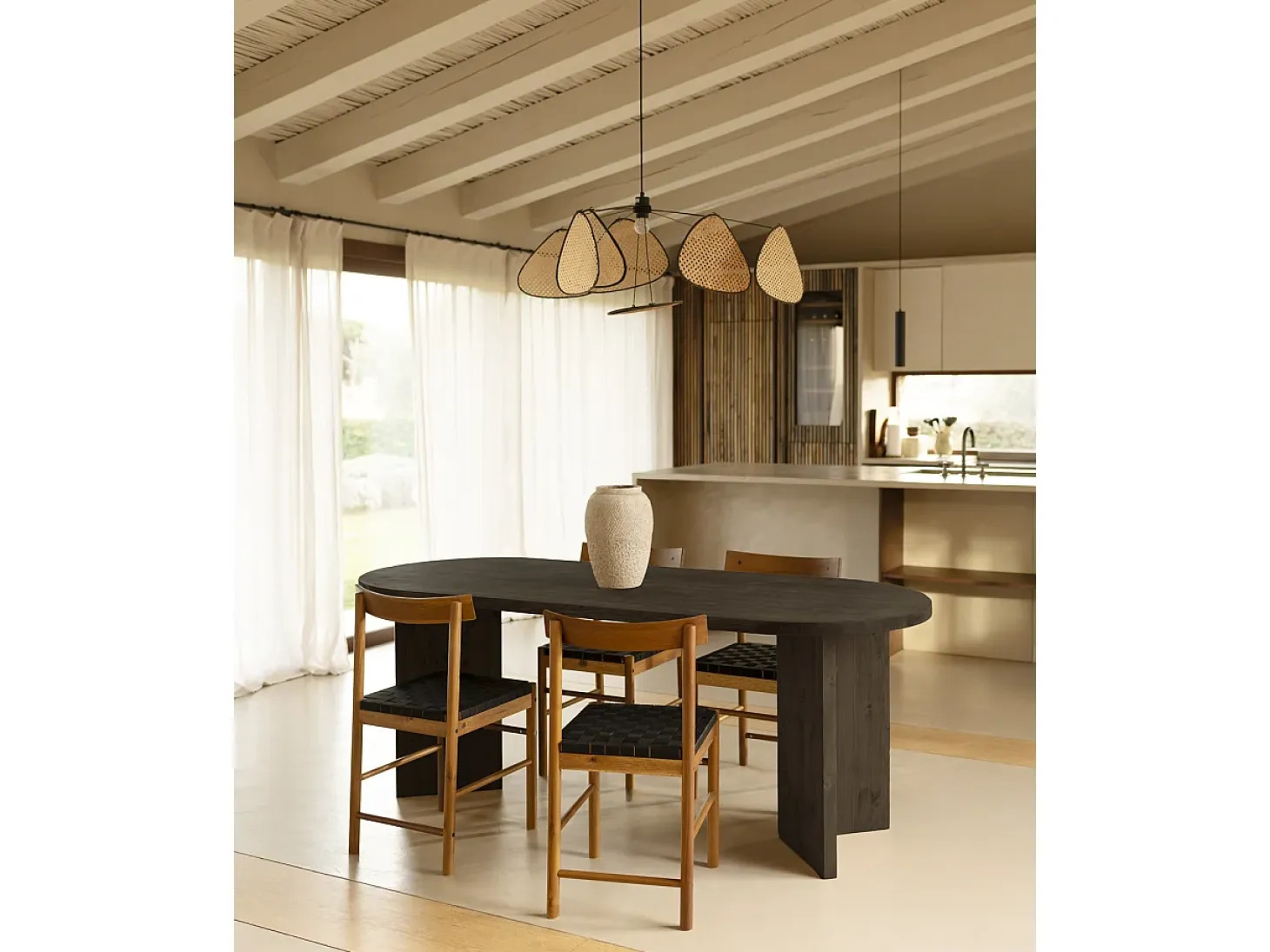 Mesa de comedor de madera maciza de abeto ovalada Decowood en tono negro de 200x75cm en tono negro - OSAKA - DECOWOOD