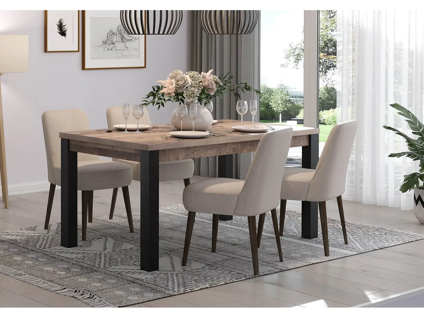 Mesa de comedor de madera y patas de acero negro Adeline L 160 cm