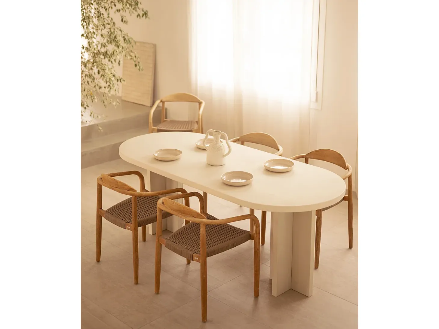 Mesa de comedor de madera maciza de abeto ovalada Decowood en tono blanco en microcemento de 160x78cm - TOKYO - DECOWOOD