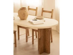 Mesa de comedor de madera maciza de abeto ovalada Decowood en tono blanco en microcemento y patas roble oscuro de 180x78cm - TOKYO - DECOWOOD