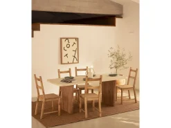 Mesa de comedor de madera de abeto maciza en microcemento rectangular Decowood de 180x75cm en tono blanco roto y patas tono roble oscuro - BIMBA - DECOWOOD