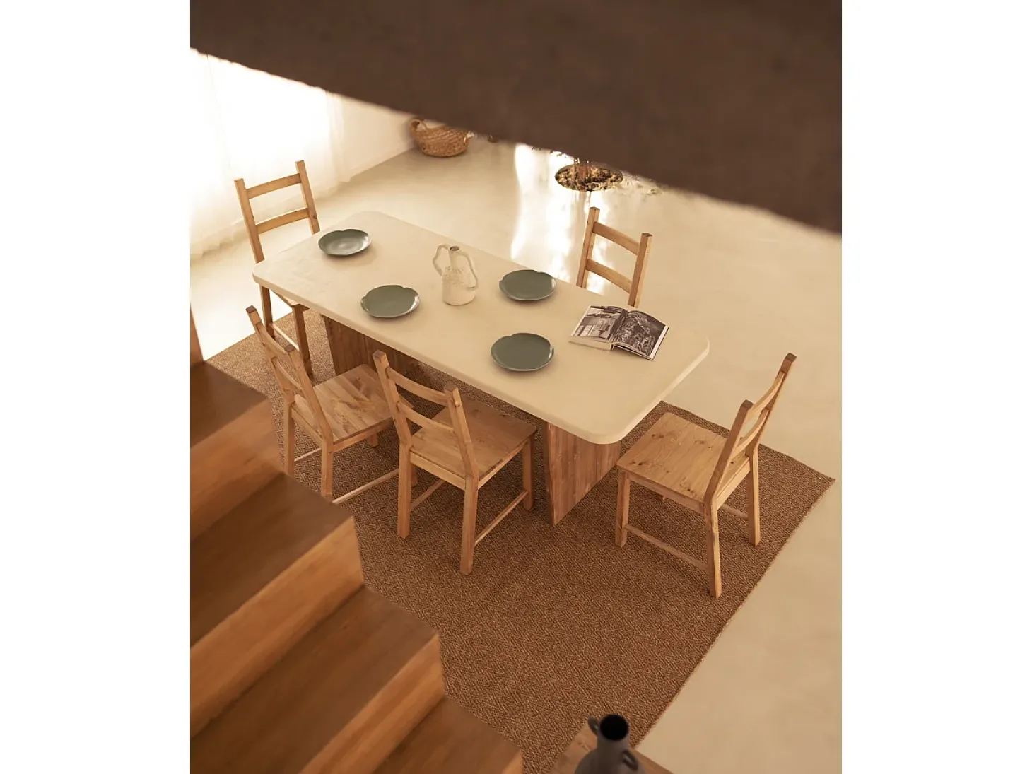 Mesa de comedor de madera de abeto maciza en microcemento rectangular Decowood de 180x75cm en tono blanco roto y patas tono roble oscuro - BIMBA - DECOWOOD