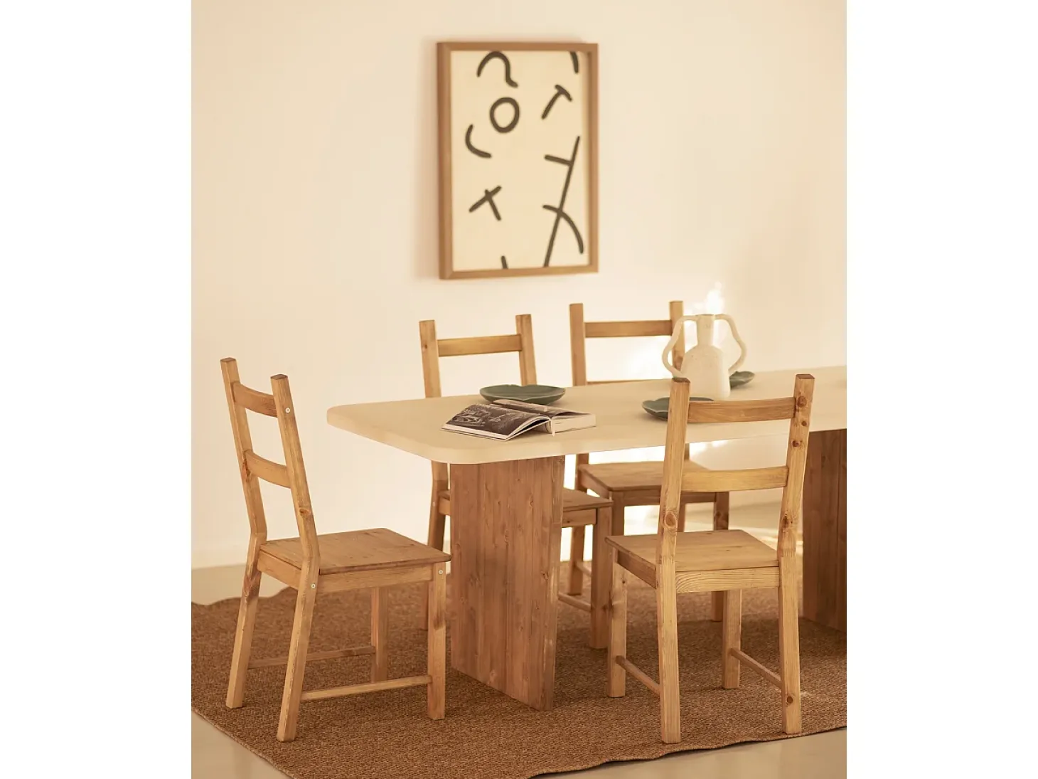 Mesa de comedor de madera de abeto maciza en microcemento rectangular Decowood de 180x75cm en tono blanco roto y patas tono roble oscuro - BIMBA - DECOWOOD