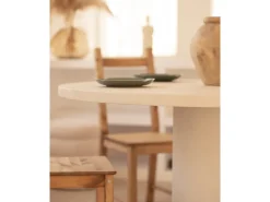Mesa de comedor de madera de abeto maciza en microcemento redonda y soporte cilíndrico de Ø100x75cm en tono blanco roto - LUCÍA - DECOWOOD