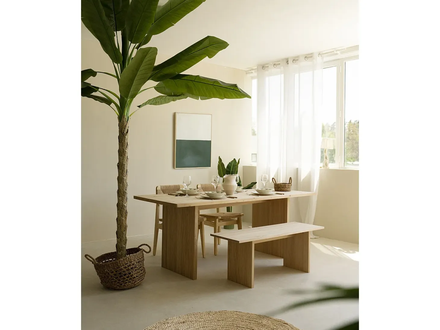 Mesa de comedor de madera de pino maciza rectangular con patas ranuradas Decowood de 140x80cm en tono natural - BALI - DECOWOOD