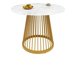 Mesa de comedor de salón 80x80x76 cm, redonda con tablero de MDF de mármol y patas de metal dorado