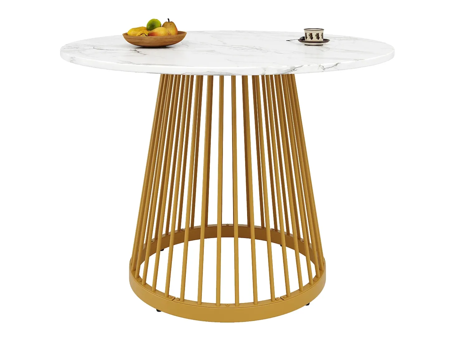 Mesa de comedor de salón 80x80x76 cm, redonda con tablero de MDF de mármol y patas de metal dorado
