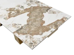 Mesa de comedor de vidrio templado, cerámica y metal - Efecto mármol blanco y topo - LOZIPA