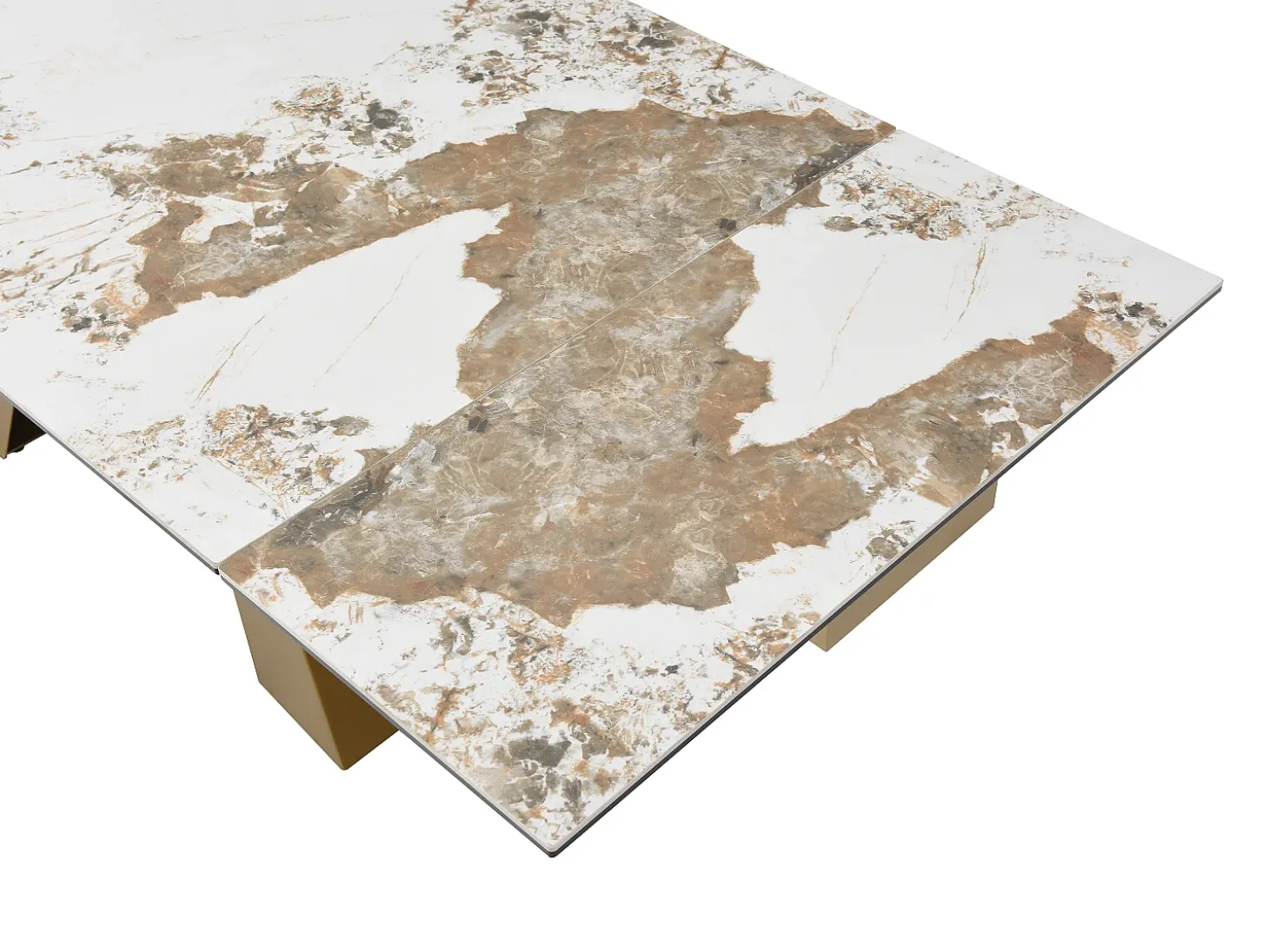 Mesa de comedor de vidrio templado, cerámica y metal - Efecto mármol blanco y topo - LOZIPA
