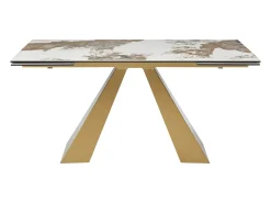 Mesa de comedor de vidrio templado, cerámica y metal - Efecto mármol blanco y topo - LOZIPA