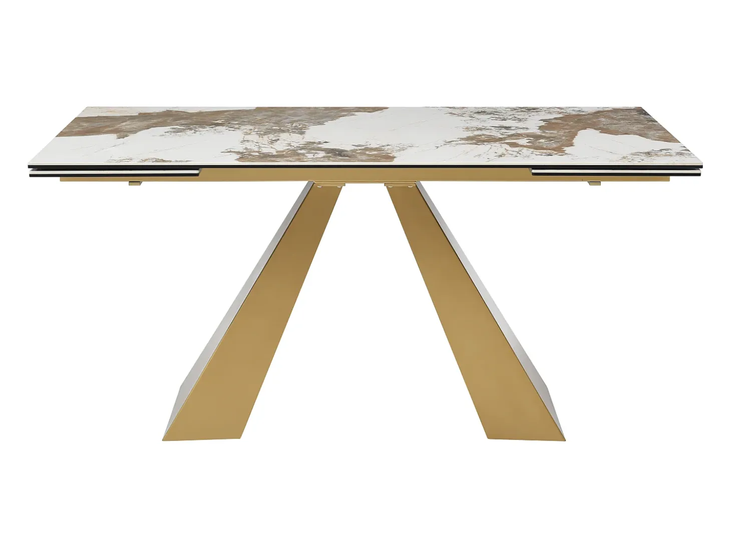 Mesa de comedor de vidrio templado, cerámica y metal - Efecto mármol blanco y topo - LOZIPA
