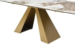 Mesa de comedor de vidrio templado, cerámica y metal - Efecto mármol blanco y topo - LOZIPA