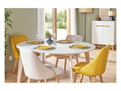 Mesa de comedor diseño redonda extensible blanca y madera L120-150 LEENA