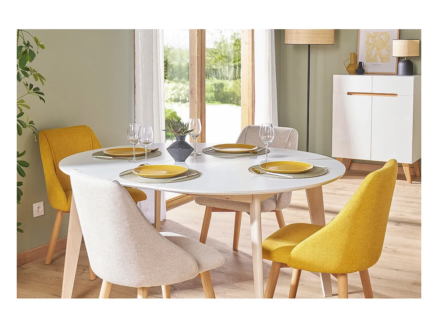 Mesa de comedor diseño redonda extensible blanca y madera L120-150 LEENA