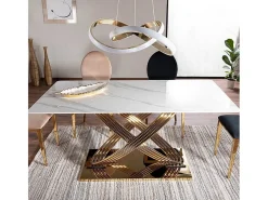 Mesa de comedor Domitille 160x90 de cerámica efecto mármol con patas de metal dorado