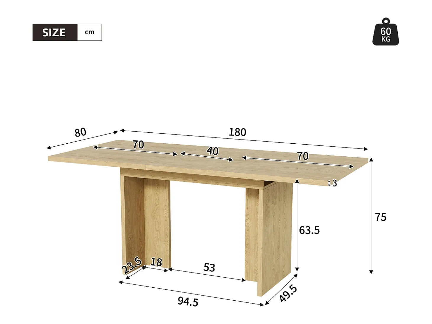 Mesa de comedor extensible 140/180x80 cm para 6 a 8 personas - Natural claro