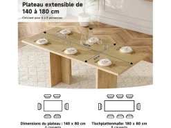 Mesa de comedor extensible 140/180x80 cm para 6 a 8 personas - Natural claro