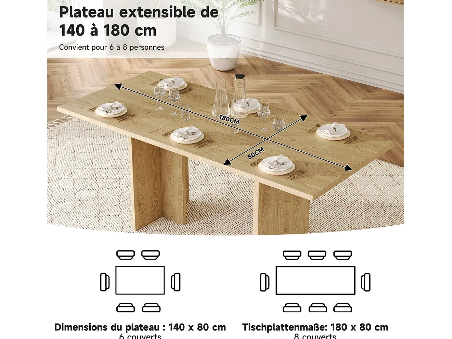 Mesa de comedor extensible 140/180x80 cm para 6 a 8 personas - Natural claro