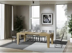 Mesa de comedor extensible de madera Kristo patas en V-Color Natural-Base y soporte con ruedas-Alargaderas -Ancho extensible