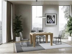 Mesa de comedor extensible de madera Kristo patas en V-Color Natural-Base y soporte con ruedas-Alargaderas -Ancho extensible