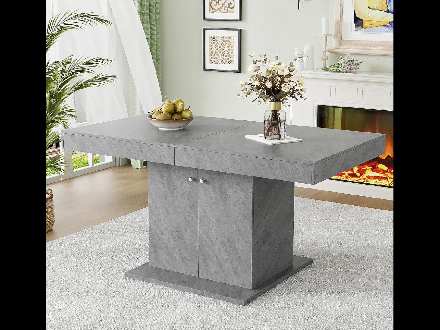 Mesa de comedor extensible, automática, con espacio de almacenaje, Aglomerado, Efecto hormigón, (140/180x80x76 cm)