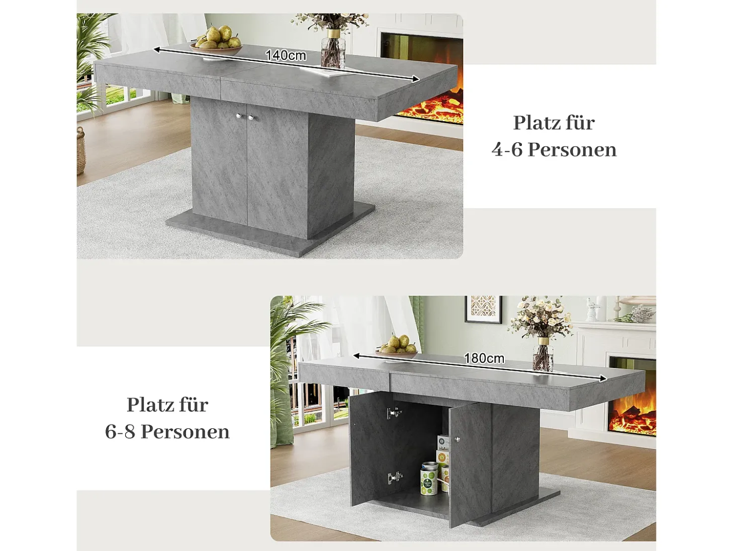 Mesa de comedor extensible, automática, con espacio de almacenaje, Aglomerado, Efecto hormigón, (140/180x80x76 cm)
