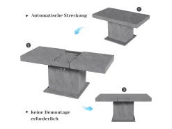 Mesa de comedor extensible, automática, con espacio de almacenaje, Aglomerado, Efecto hormigón, (140/180x80x76 cm)