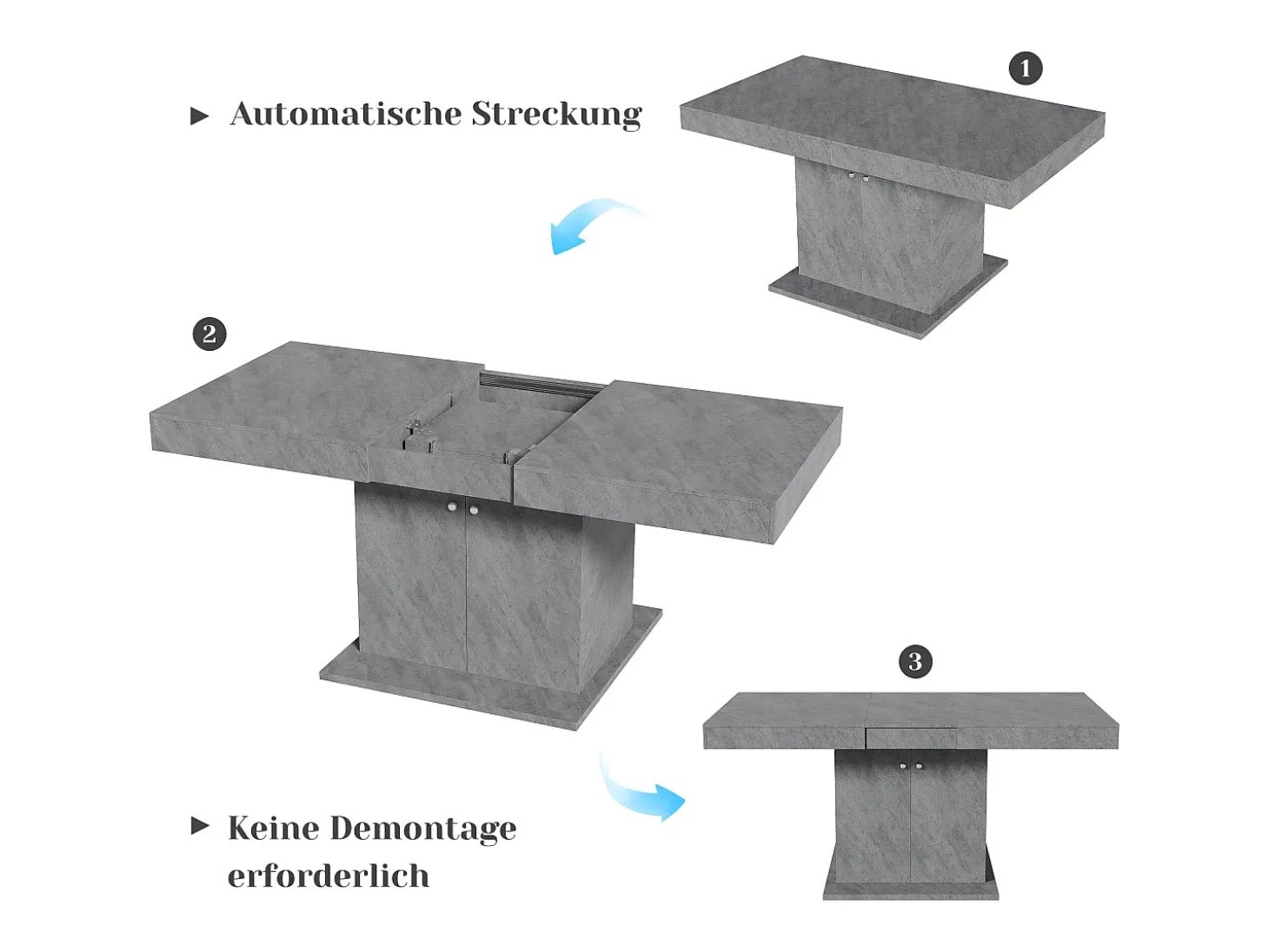 Mesa de comedor extensible, automática, con espacio de almacenaje, Aglomerado, Efecto hormigón, (140/180x80x76 cm)